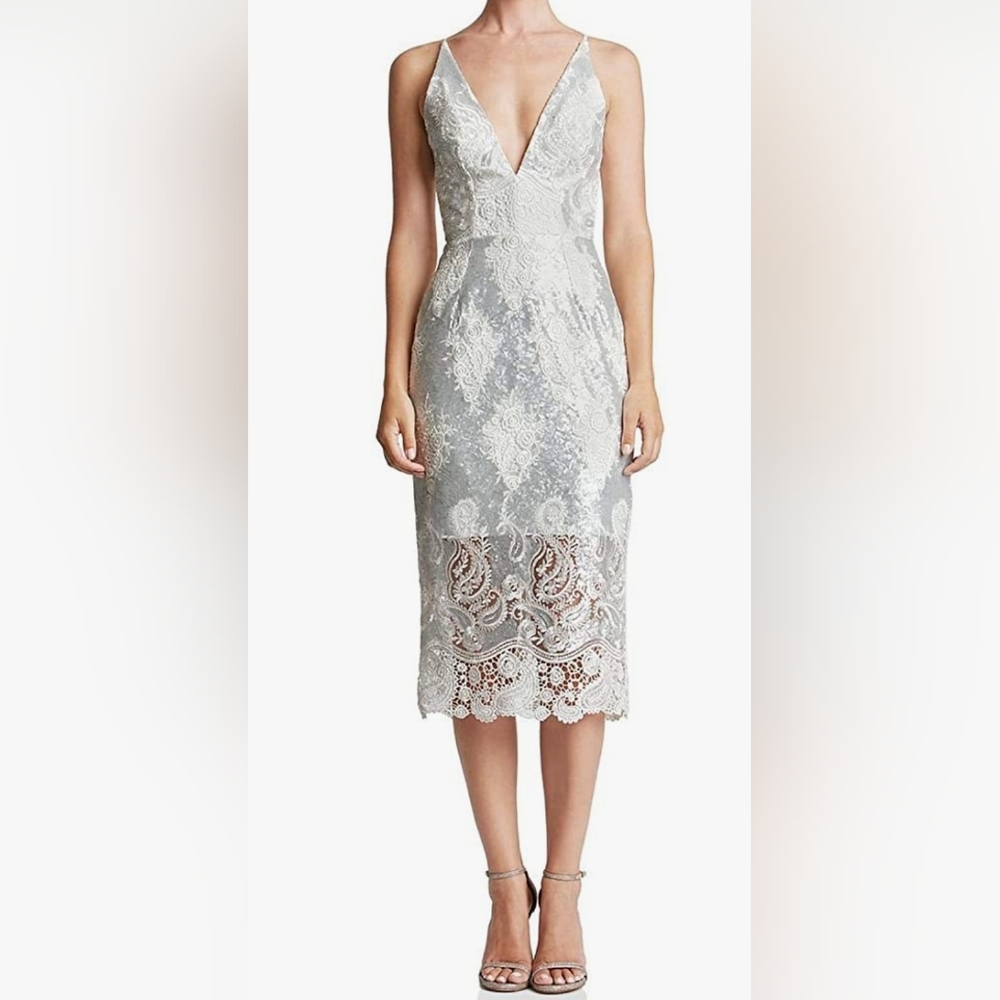 NWOT Dress The Population Floral Lace Embroidery Sequins Matte Silver And White